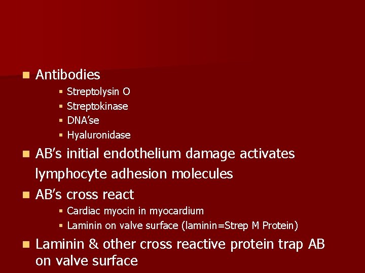 n Antibodies § § Streptolysin O Streptokinase DNA’se Hyaluronidase AB’s initial endothelium damage activates