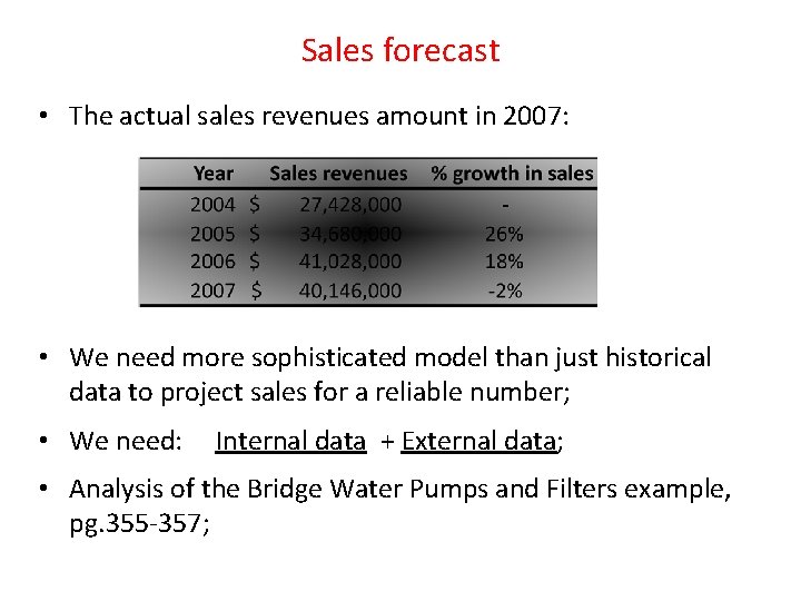 Sales forecast • The actual sales revenues amount in 2007: • We need more