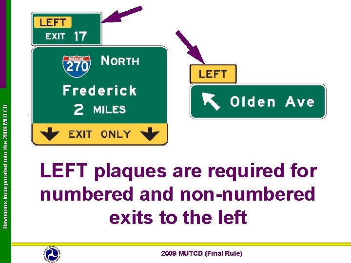 Revisions Incorporated into the 2009 MUTCD LEFT plaques are required for numbered and non-numbered
