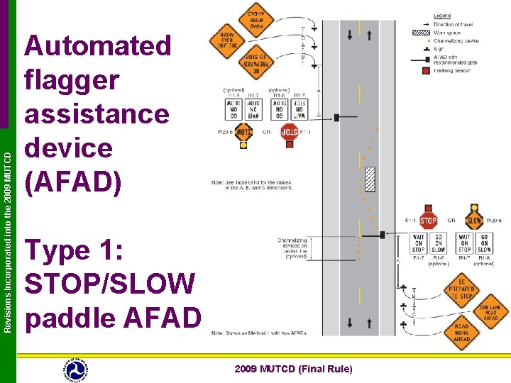 Revisions Incorporated into the 2009 MUTCD Automated flagger assistance device (AFAD) Type 1: STOP/SLOW