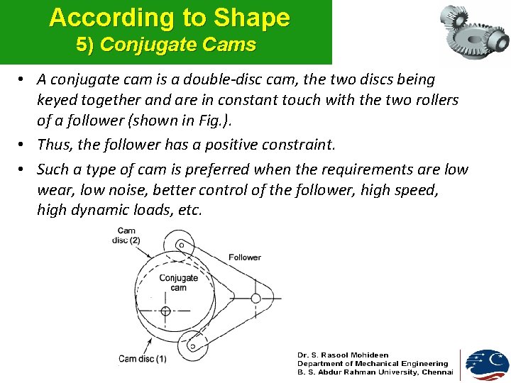 According to Shape 5) Conjugate Cams • A conjugate cam is a double-disc cam,