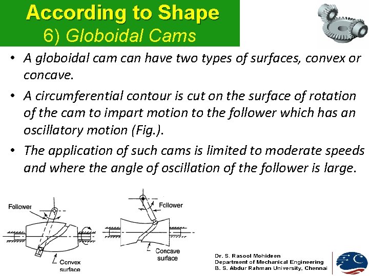 According to Shape 6) Globoidal Cams • A globoidal cam can have two types