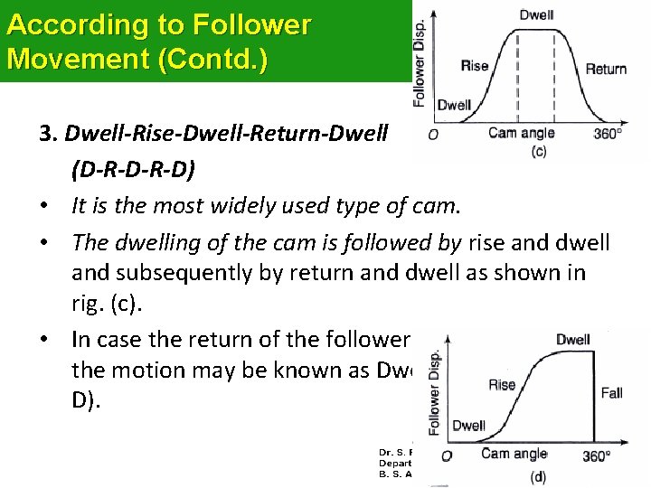 According to Follower Movement (Contd. ) 3. Dwell-Rise-Dwell-Return-Dwell (D-R-D) • It is the most