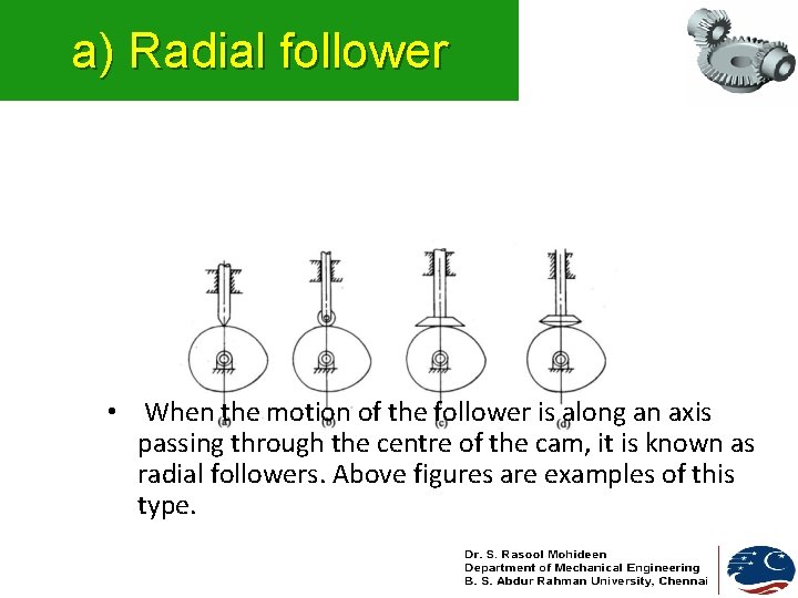 a) Radial follower • When the motion of the follower is along an axis