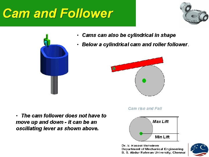 Cam and Follower • Cams can also be cylindrical in shape • Below a