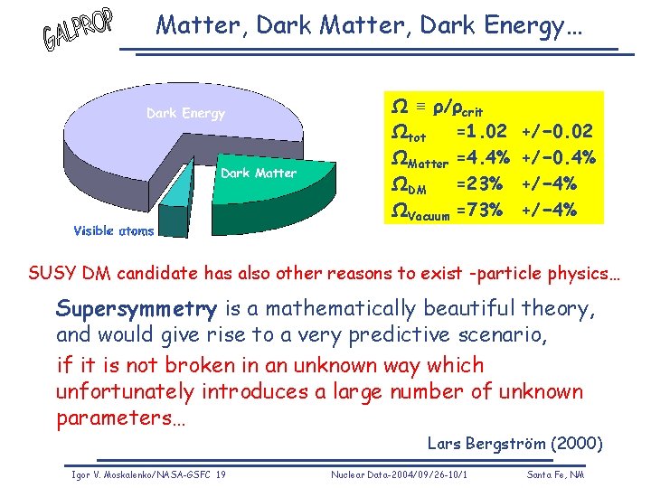 Matter, Dark Energy… Ω ≡ ρ/ρcrit Ωtot =1. 02 ΩMatter =4. 4% ΩDM =23%