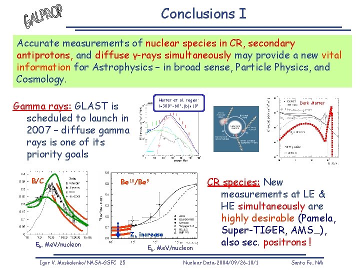 Conclusions I Accurate measurements of nuclear species in CR, secondary antiprotons, and diffuse γ-rays Conclusions I Accurate measurements of nuclear species in CR, secondary antiprotons, and diffuse γ-rays