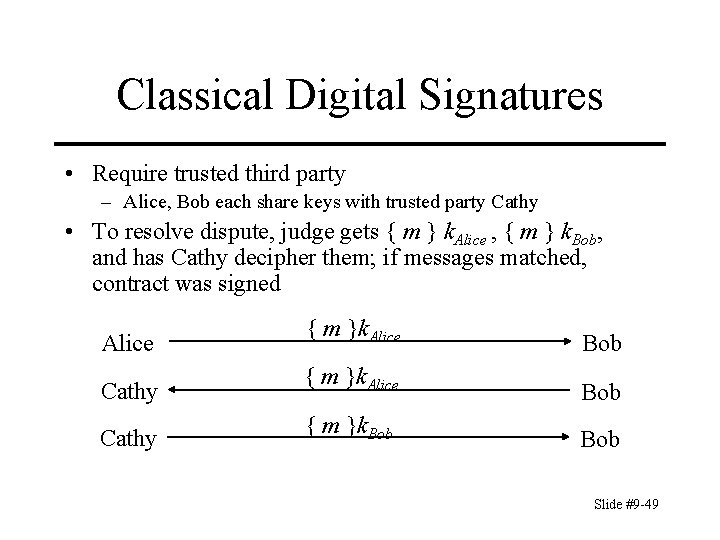 Classical Digital Signatures • Require trusted third party – Alice, Bob each share keys
