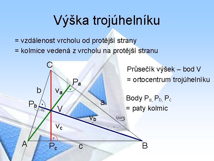 Výška trojúhelníku = vzdálenost vrcholu od protější strany = kolmice vedená z vrcholu na