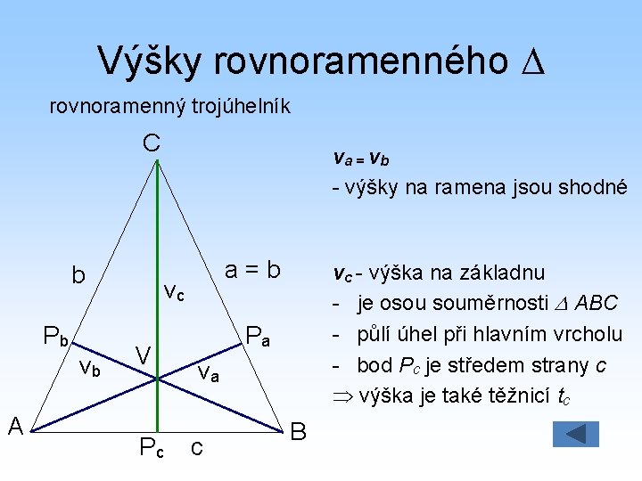 Výšky rovnoramenného rovnoramenný trojúhelník C b Pb vb A va = vb - výšky