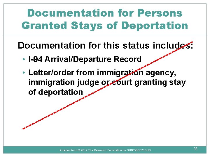 Documentation for Persons Granted Stays of Deportation Documentation for this status includes: • I-94