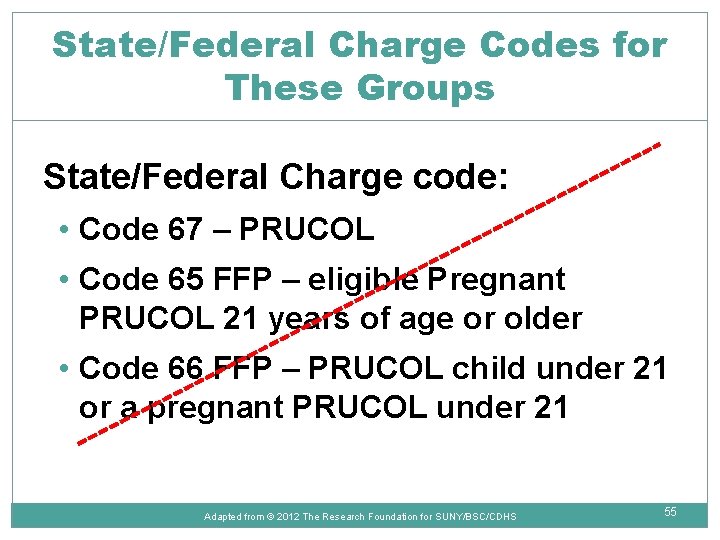 State/Federal Charge Codes for These Groups State/Federal Charge code: • Code 67 – PRUCOL