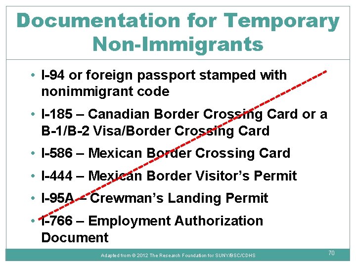 Documentation for Temporary Non-Immigrants • I-94 or foreign passport stamped with nonimmigrant code •