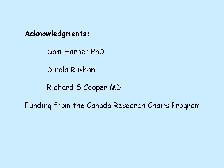 Acknowledgments: Sam Harper Ph. D Dinela Rushani Richard S Cooper MD Funding from the