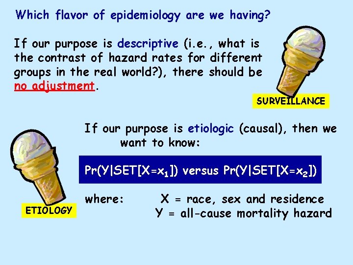 Which flavor of epidemiology are we having? If our purpose is descriptive (i. e.
