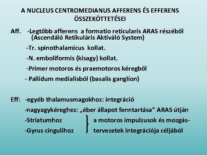 A NUCLEUS CENTROMEDIANUS AFFERENS ÉS EFFERENS ÖSSZEKÖTTETÉSEI Aff. -Legtöbb afferens a formatio reticularis ARAS