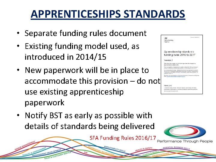 APPRENTICESHIPS STANDARDS • Separate funding rules document • Existing funding model used, as introduced