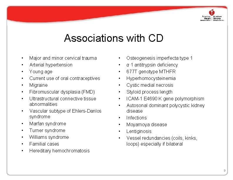 Associations with CD • • • • Major and minor cervical trauma Arterial hypertension