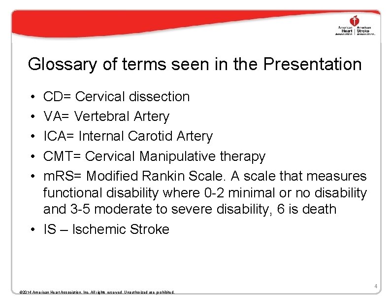 Glossary of terms seen in the Presentation • • • CD= Cervical dissection VA=