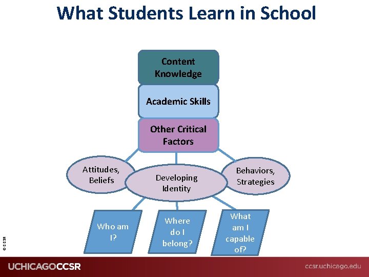 What Students Learn in School Content Knowledge Academic Skills Other Critical Factors © CCSR