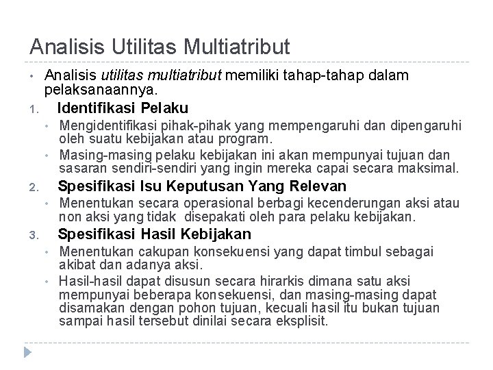 Analisis Utilitas Multiatribut • 1. Analisis utilitas multiatribut memiliki tahap-tahap dalam pelaksanaannya. Identifikasi Pelaku