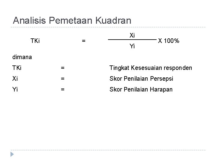 Analisis Pemetaan Kuadran TKi = Xi Yi X 100% dimana TKi = Tingkat Kesesuaian