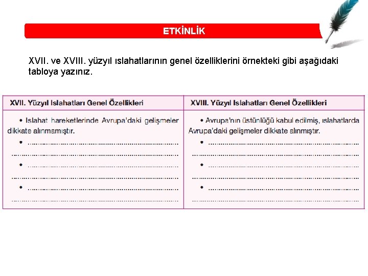 ETKİNLİK XVII. ve XVIII. yüzyıl ıslahatlarının genel özelliklerini örnekteki gibi aşağıdaki tabloya yazınız. 