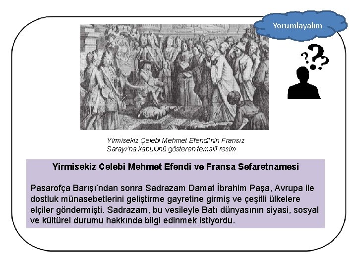 Yorumlayalım Yirmisekiz Çelebi Mehmet Efendi’nin Fransız Sarayı’na kabulünü gösteren temsilî resim Yirmisekiz Celebi Mehmet