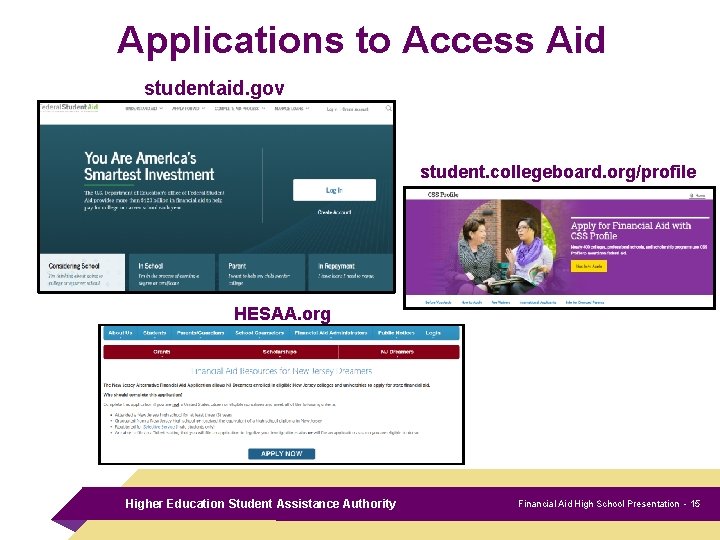 Applications to Access Aid studentaid. gov student. collegeboard. org/profile HESAA. org Higher Education Student