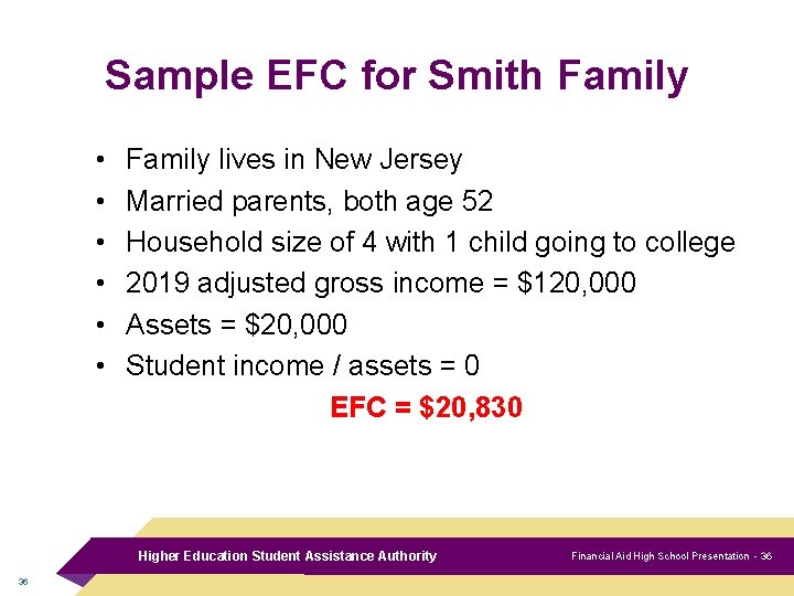 Sample EFC for Smith Family • • • Family lives in New Jersey Married