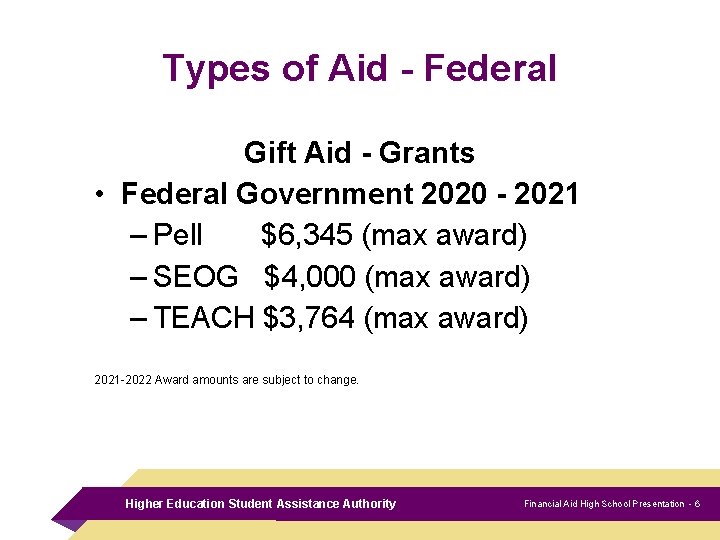 Types of Aid - Federal Gift Aid - Grants • Federal Government 2020 -