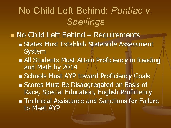 No Child Left Behind: Pontiac v. Spellings n No Child Left Behind – Requirements