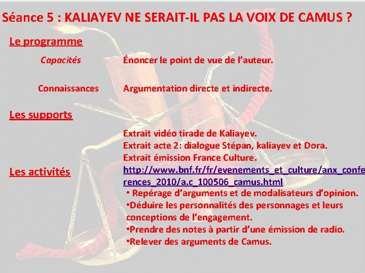 Séance 5 : KALIAYEV NE SERAIT-IL PAS LA VOIX DE CAMUS ? Le programme