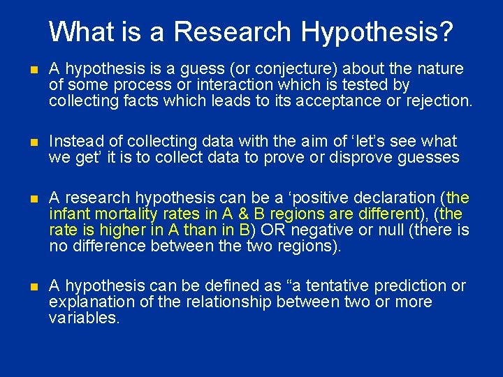 What is a Research Hypothesis? n A hypothesis is a guess (or conjecture) about What is a Research Hypothesis? n A hypothesis is a guess (or conjecture) about