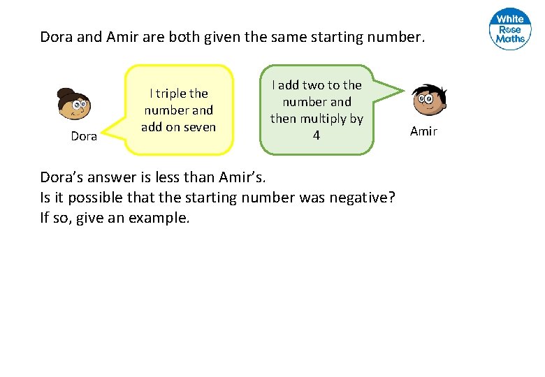 Dora and Amir are both given the same starting number. Dora I triple the