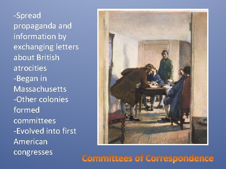 -Spread propaganda and information by exchanging letters about British atrocities -Began in Massachusetts -Other