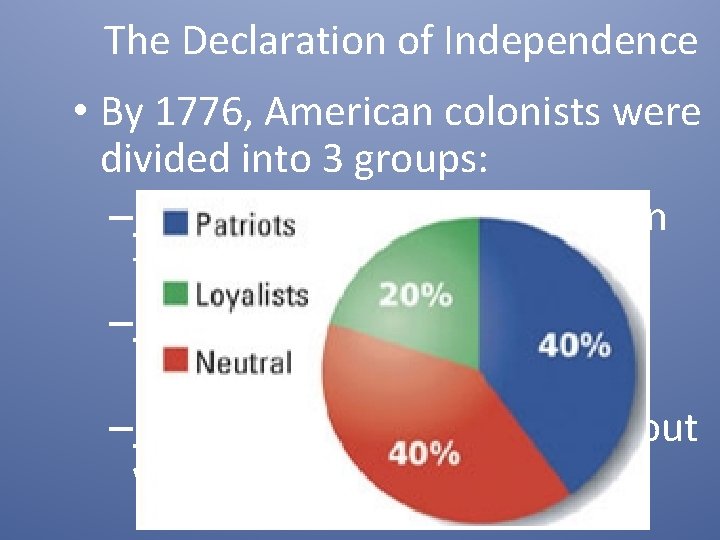 The Declaration of Independence • By 1776, American colonists were divided into 3 groups:
