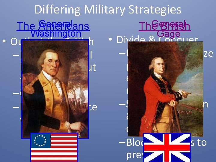 Differing Military Strategies General The Americans Washington General The British Gage • Outlast the
