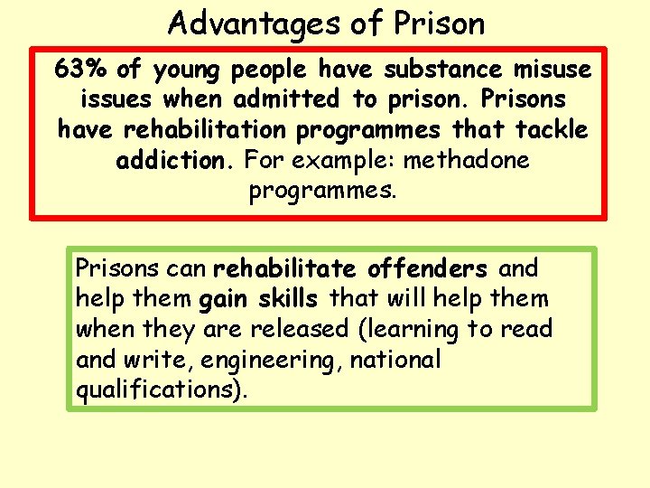 Advantages of Prison 63% of young people have substance misuse issues when admitted to