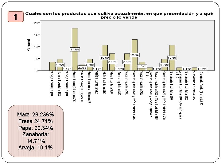 1 Maíz: 28. 236% Fresa 24. 71% Papa: 22. 34% Zanahoria: 14. 71% Arveja: