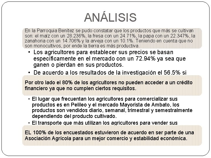 ANÁLISIS En la Parroquia Benítez se pudo constatar que los productos que más se