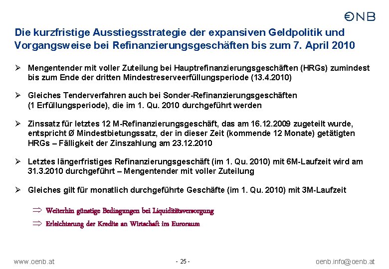 Die kurzfristige Ausstiegsstrategie der expansiven Geldpolitik und Vorgangsweise bei Refinanzierungsgeschäften bis zum 7. April