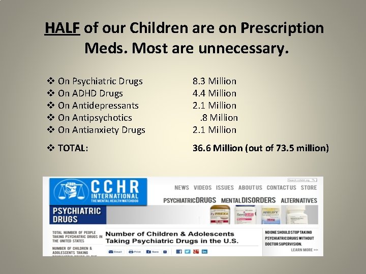 HALF of our Children are on Prescription Meds. Most are unnecessary. v On Psychiatric