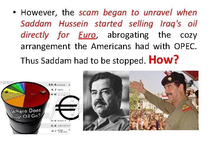 • However, the scam began to unravel when Saddam Hussein started selling Iraq's • However, the scam began to unravel when Saddam Hussein started selling Iraq's