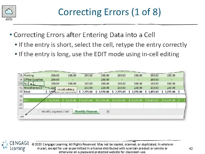 Correcting Errors (1 of 8) • Correcting Errors after Entering Data into a Cell