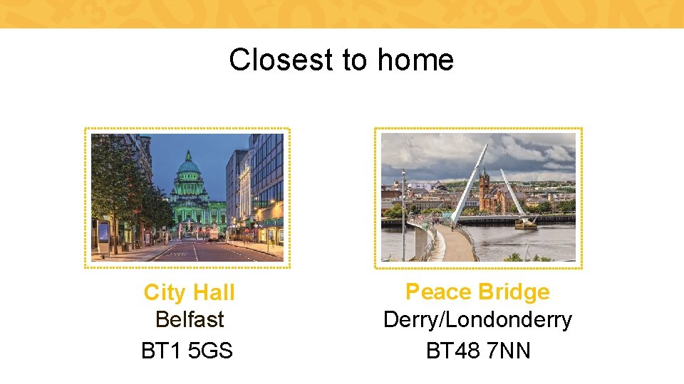 Closest to home City Hall Belfast BT 1 5 GS Peace Bridge Derry/Londonderry BT