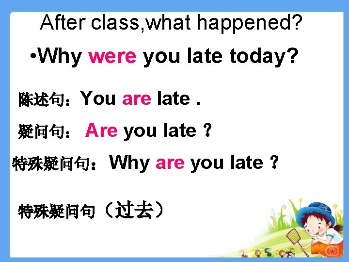 After class, what happened? • Why were you late today? 陈述句：You 疑问句： are late.