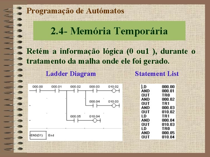 Programação de Autómatos 2. 4 - Memória Temporária Retém a informação lógica (0 ou