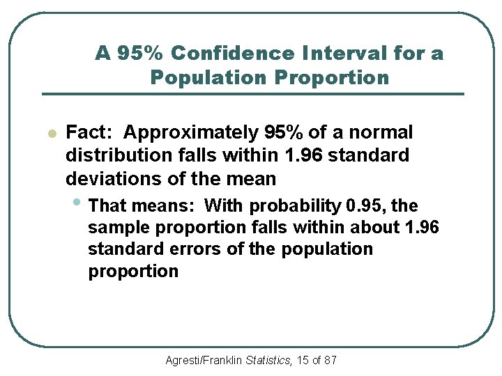A 95% Confidence Interval for a Population Proportion l Fact: Approximately 95% of a