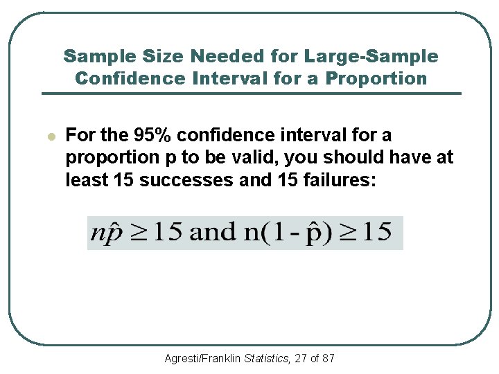 Sample Size Needed for Large-Sample Confidence Interval for a Proportion l For the 95%